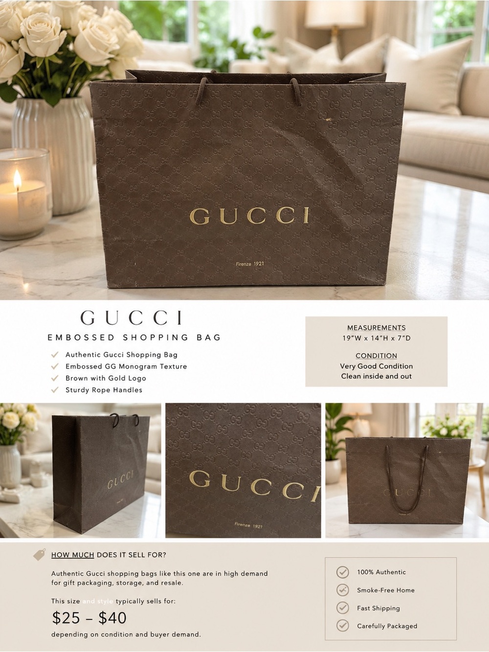 Gucci Brown Embossed GG Shopping Bag with Gold Logo